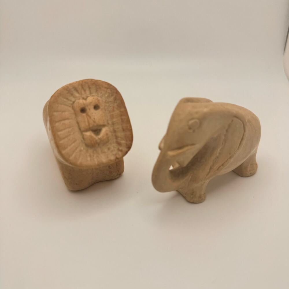 Vintage Soapstone Two Animals Elephant and Lion Hand Carved Africa Figurine